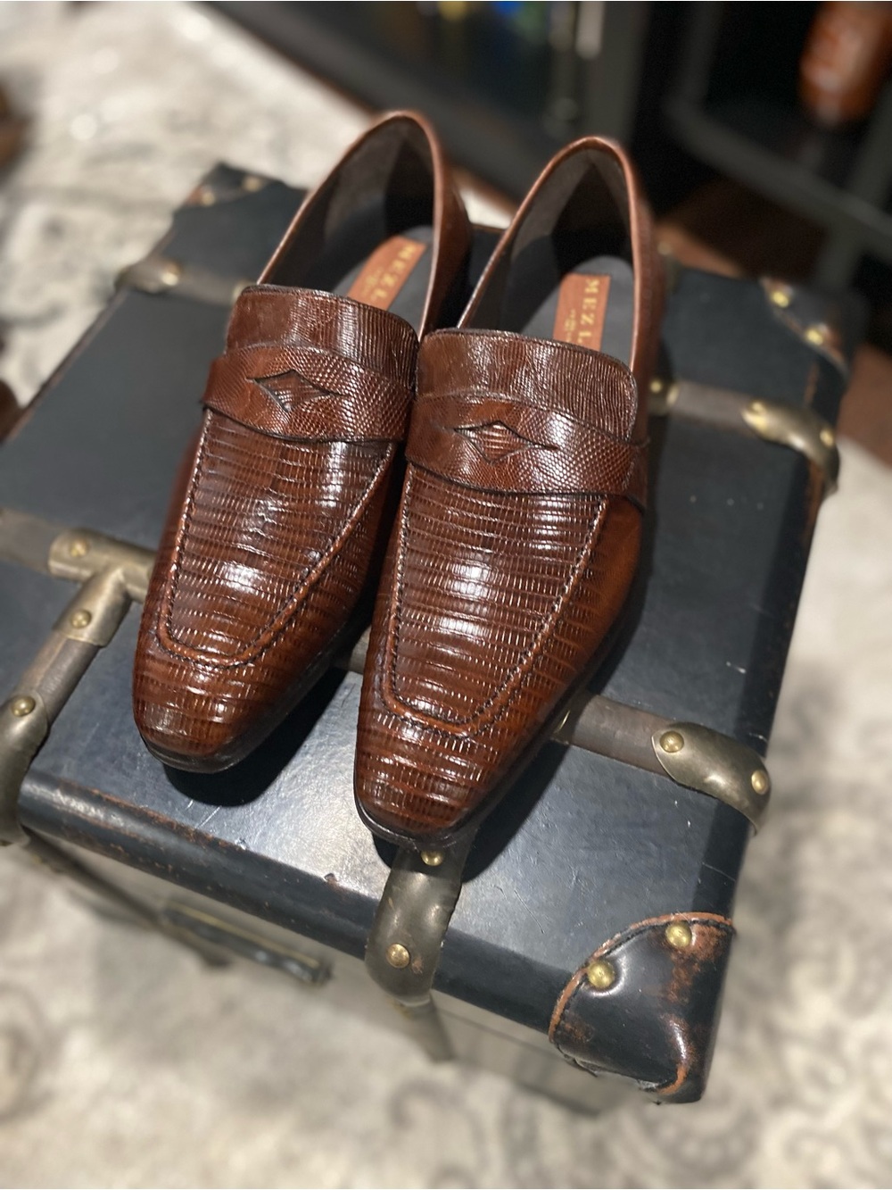 Mezlan Dark Brown Lizard-Embossed Leather Penny Loafers